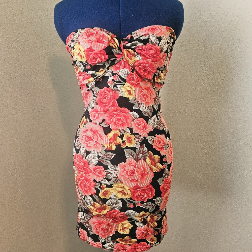Papaya Strapless Dress - Black, Pink, and Yellow Floral